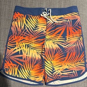 American Eagle Outfitters Men's Blue Swim Shorts with Orange & Yellow Palm Print